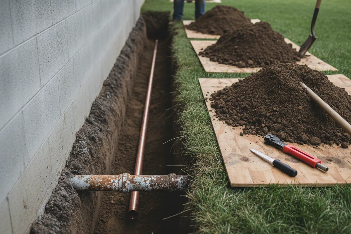 Excavated water line trench during Water Heater Repair in Fort Bliss